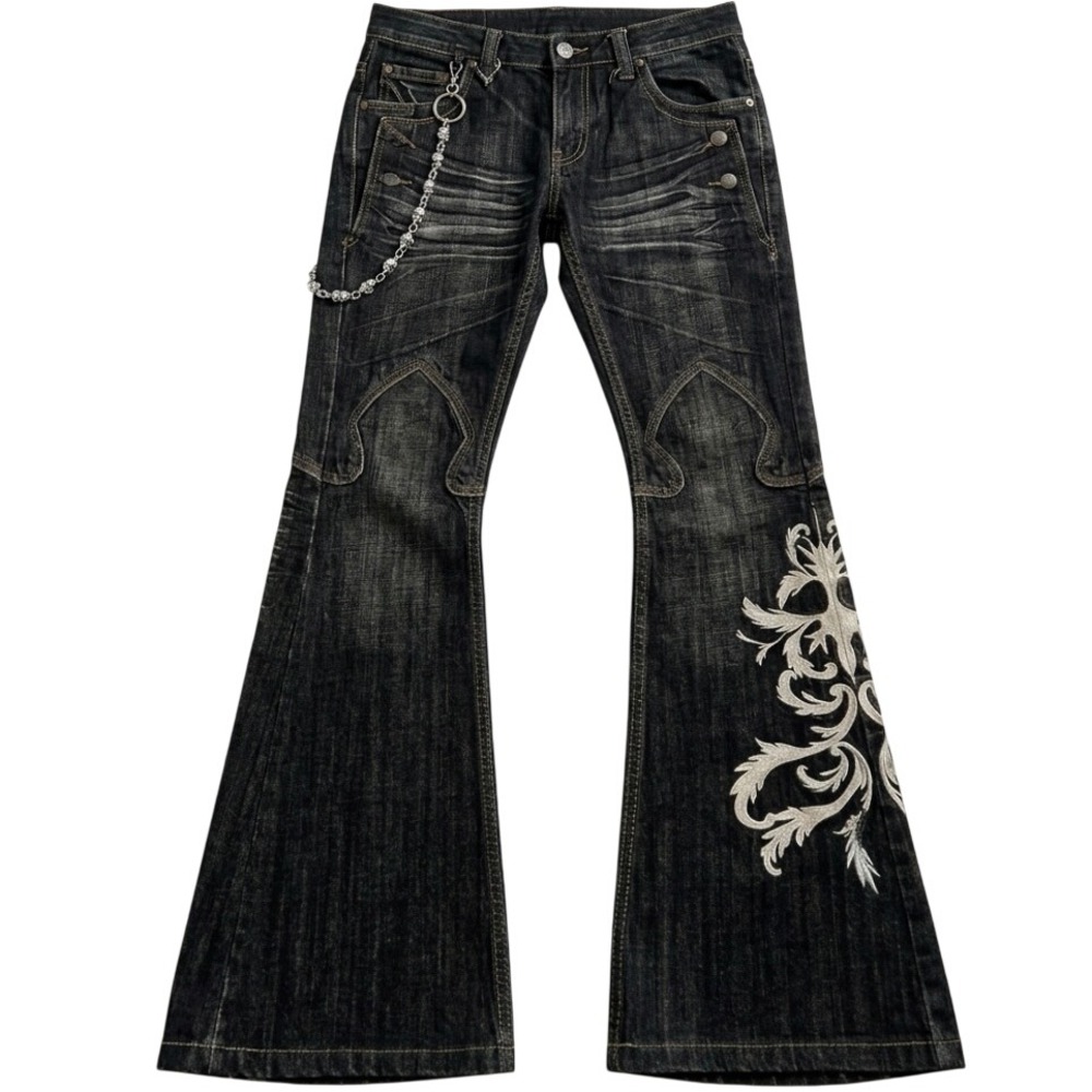 Vintage Y2K Flared Jeans Mens Dark Wash Embroidered Bell Bottoms Skull Chain - Picture 1 of 3